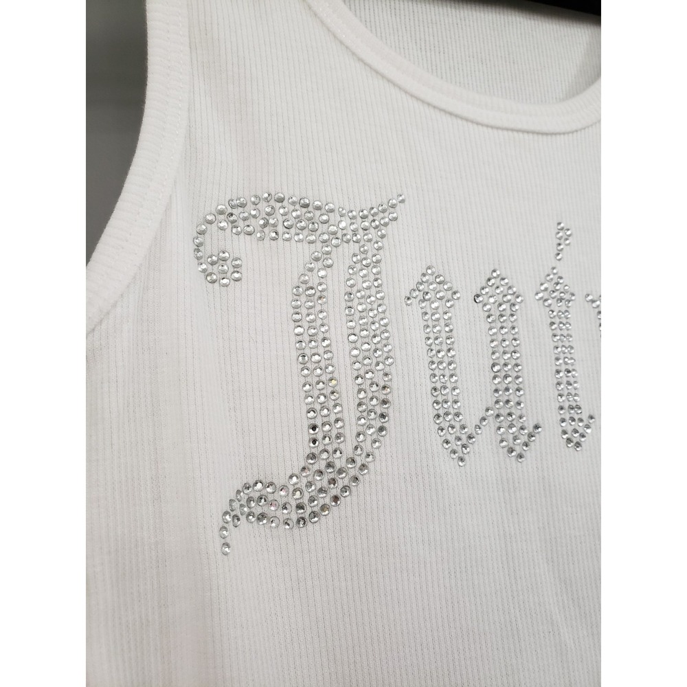 NEW SMALL Juicy Couture Tank Top Gothic Crystal Logo Ribbed White Beater - Picture 2 of 7